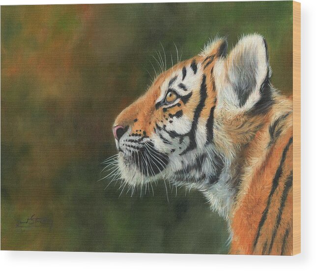 Tiger Wood Print featuring the painting Young Amur Tiger #2 by David Stribbling