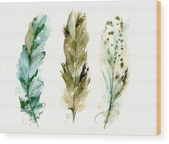 Feather Watercolor Wood Print featuring the painting 3 Feathers by Dawn Derman