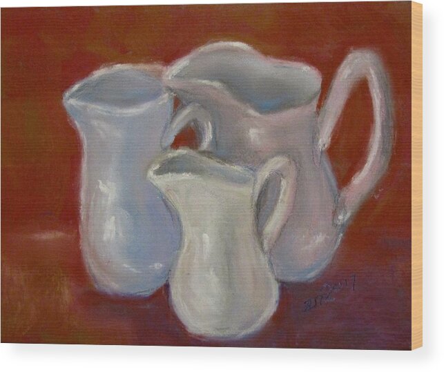 Pitchers Wood Print featuring the pastel 3 White Cream Pitchers by Barbara O'Toole