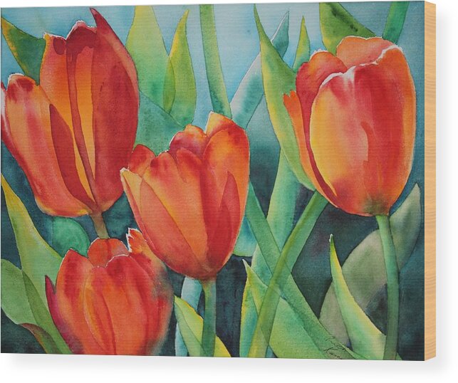 Red Flowers Wood Print featuring the painting 4 Red Tulips by Ruth Kamenev