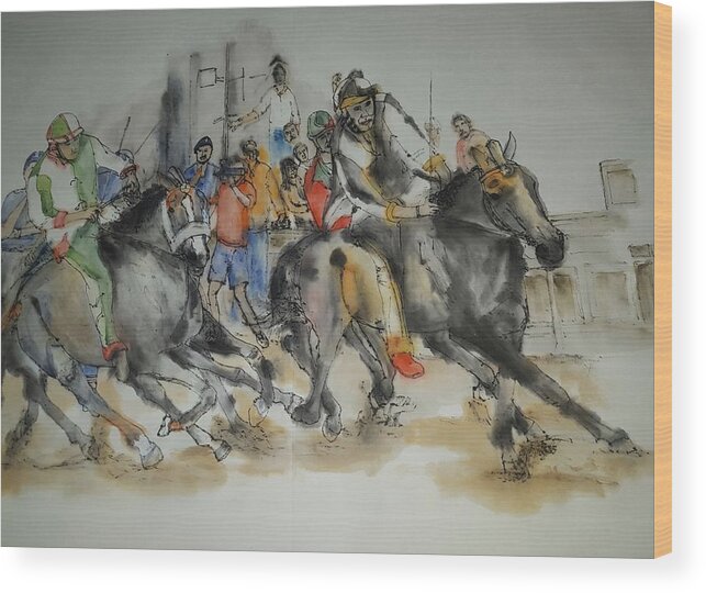 Il Palio. Siena. Italy. Horserace. Medieval. Event Wood Print featuring the painting Siena and their Palio album #8 by Debbi Saccomanno Chan