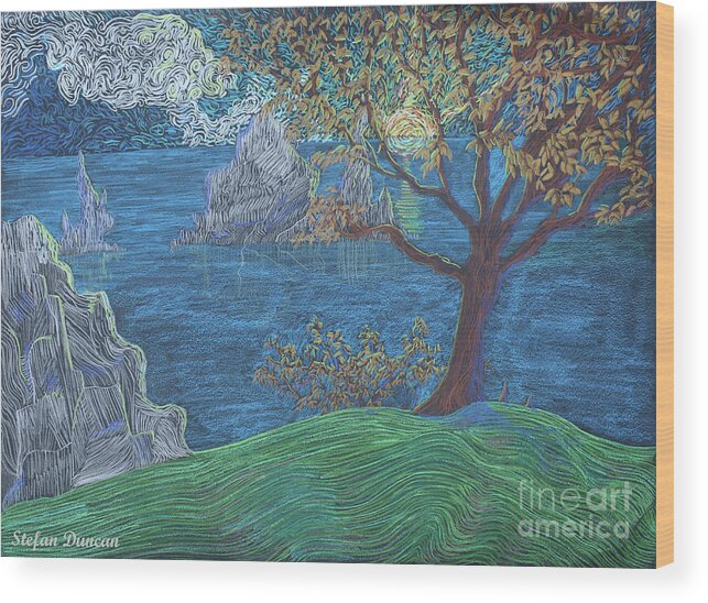 Squigglism Wood Print featuring the painting A Rocky Shore by Stefan Duncan