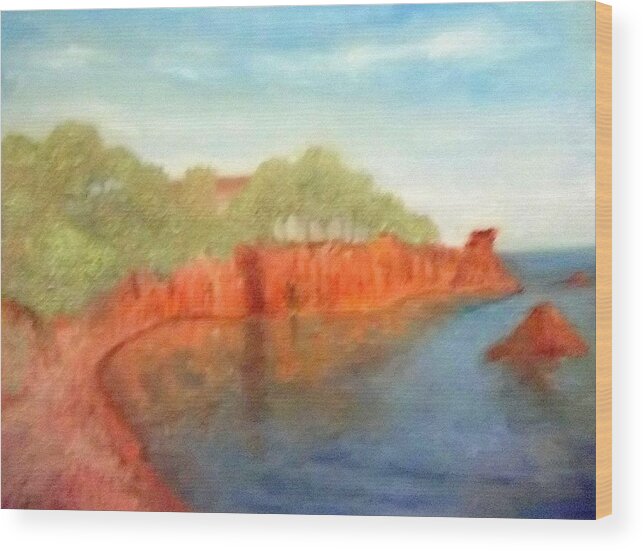 Sea Wood Print featuring the painting A Small Inlet Bay With Red Orange Rocks by Peter Gartner