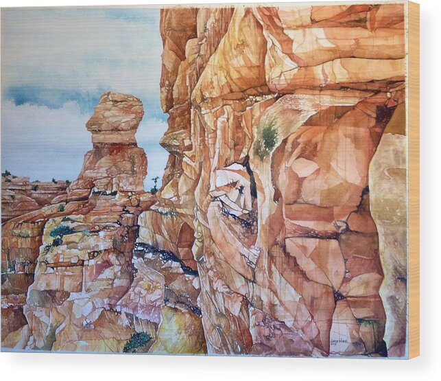 Rock Formation Above The Canyonlands National Park Campground In Utah. Wood Print featuring the painting Above Canyonlands Campground by Lance Wurst