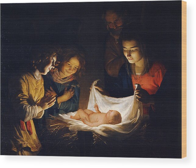 Gerrit Van Honthorst Wood Print featuring the painting Adoration of the Child by Gerrit van Honthorst