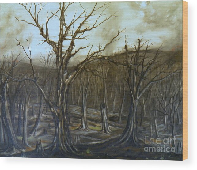 Burnt Trees Landscape Ash Grass Hope Stumps Trunks Branches Mountains Clouds Fires Smoke Light Dark Contrast Ground Black White Grey Green Brown Wood Print featuring the painting Aftermath by Ida Eriksen