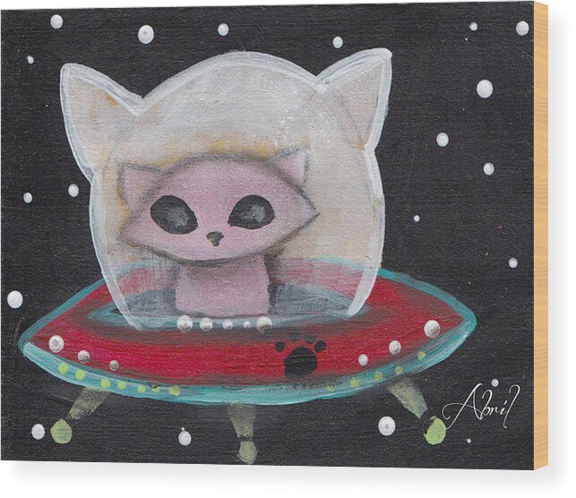 Mid Century Modern Wood Print featuring the painting Alien Saucer Cat by Abril Andrade