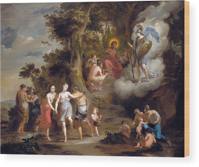 Arnold Houbraken Wood Print featuring the painting Pallas Athene Visiting Apollo on the Parnassus by Arnold Houbraken