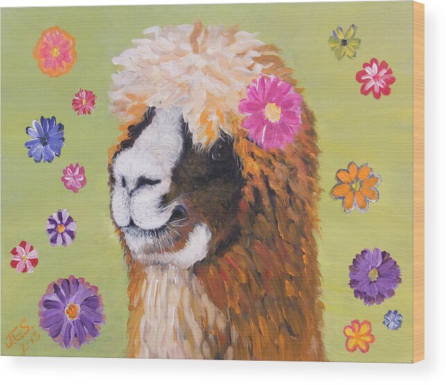 Alpaca Wood Print featuring the painting Alpaca Hippie by Janet Greer Sammons