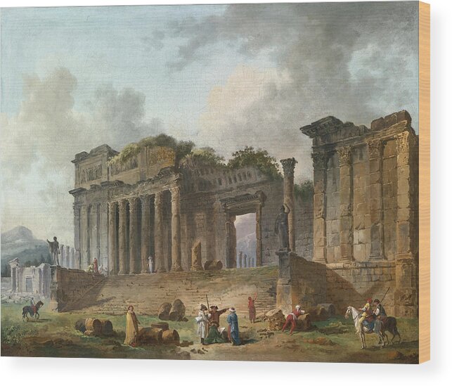 Hubert Robert Wood Print featuring the painting An Architectural Capriccio with an Artist Sketching in the Foreground by Hubert Robert
