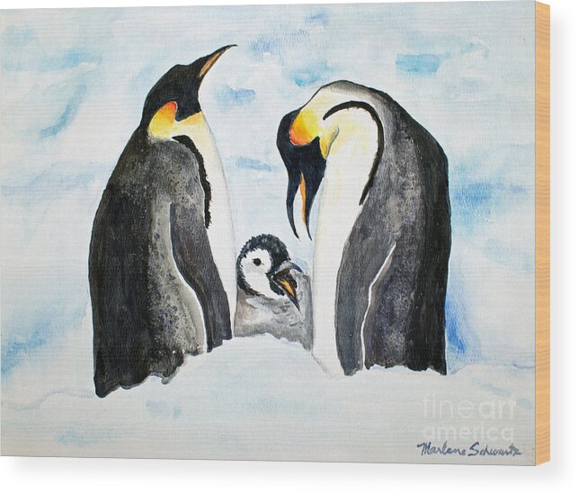 Penguin Wood Print featuring the painting And Baby Makes Three by Marlene Schwartz Massey