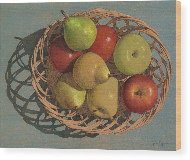 Still Life Wood Print featuring the painting Apples and Pears in a wicker basket by John Dyess