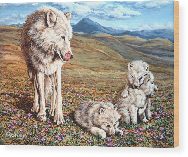 Arctic Wolf Wood Print featuring the painting Arctic Summer by Richard De Wolfe