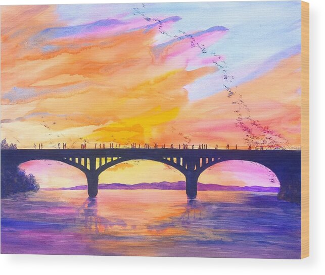Austin Wood Print featuring the painting Austin Bats Congress Bridge Sunset by Carlin Blahnik CarlinArtWatercolor