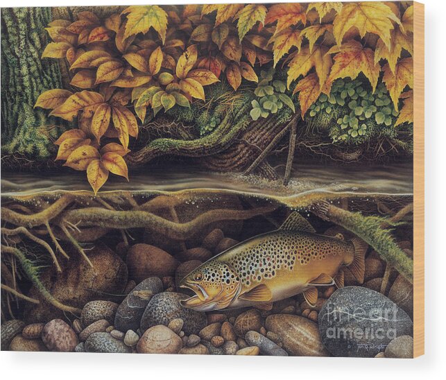 Jon Q Wright Wood Print featuring the painting Autumn Brown Trout by JQ Licensing