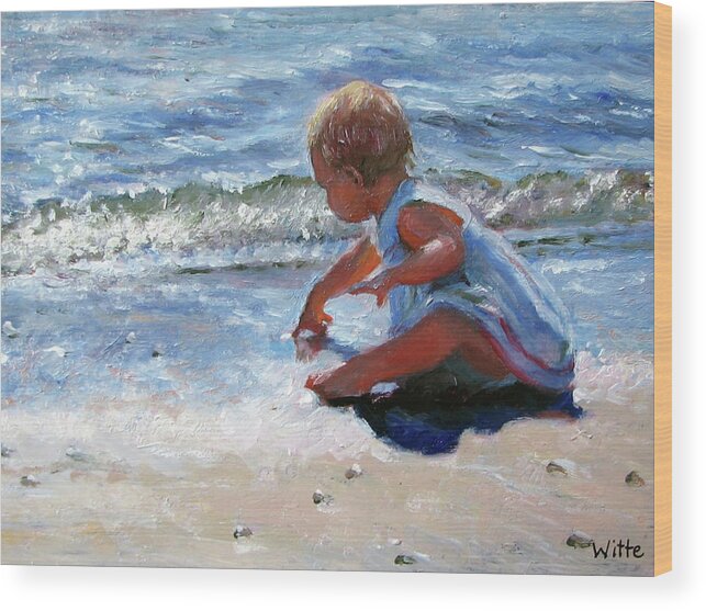 Babies Wood Print featuring the painting Baby and the Beach by Marie Witte