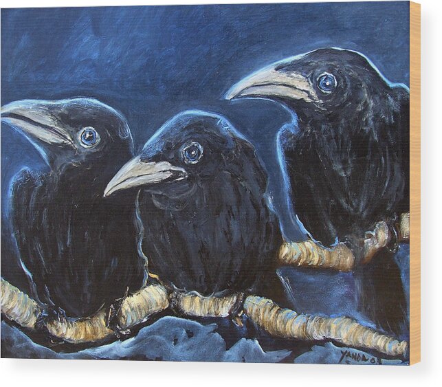 Katt Yanda Original Art Oil Painting Baby Crows Ravens Wood Print featuring the painting Baby Crows by Katt Yanda
