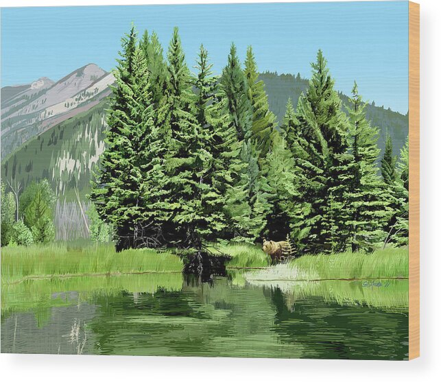 Summer Landscape Wood Print featuring the digital art Backwater and Bear by Pam Little
