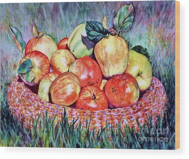 Cynthia Pride Watercolor Paintings Wood Print featuring the painting Backyard Apples by Cynthia Pride