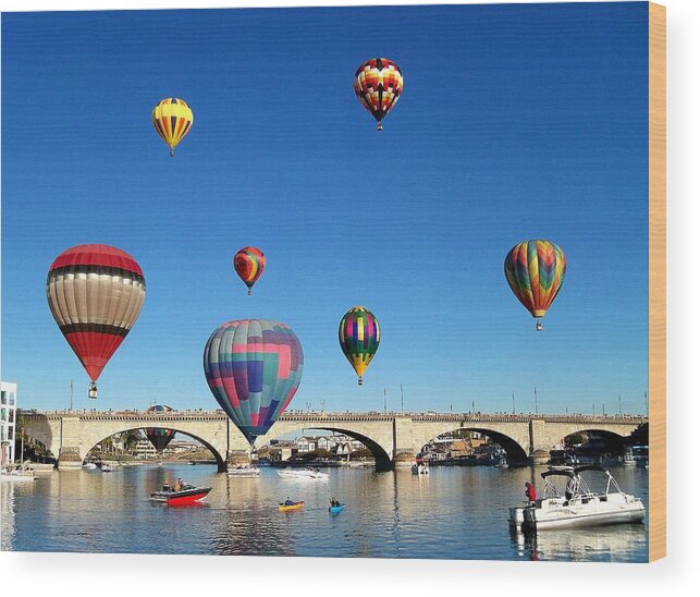 Hot Air Balloon Festival Wood Print featuring the photograph Balloons at the Bridge by Adrienne Wilson