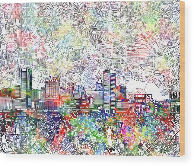 Baltimore Wood Print featuring the painting Baltimore Skyline Watercolor 11 by Bekim M