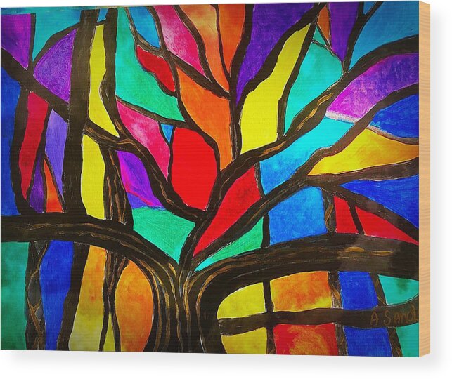 Banyan Tree Wood Print featuring the painting Banyan tree abstract by Anne Sands
