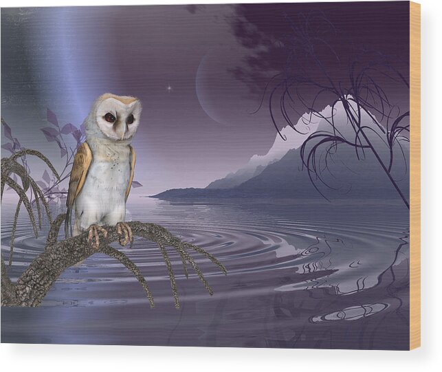 Barn Owl By The Lake Wood Print featuring the digital art Barn Owl by the lake by John Junek
