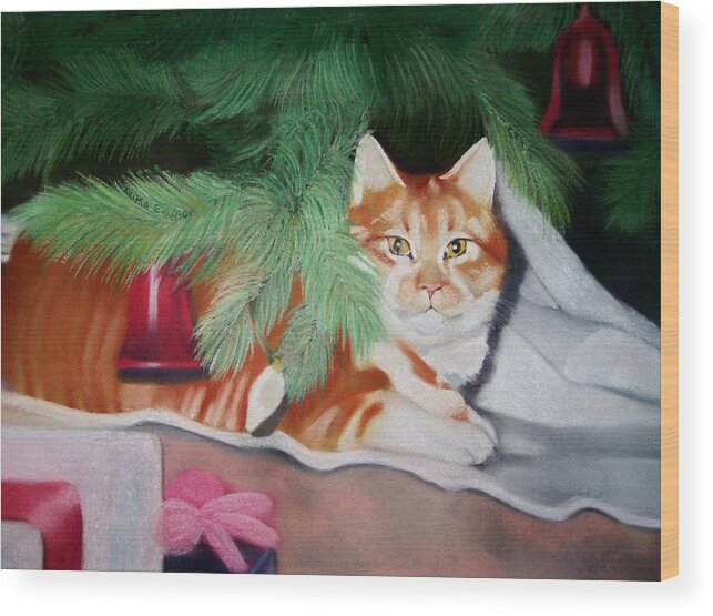 Orange Tabby Under Xmas Tree Wood Print featuring the pastel Beautiful George by Marika Evanson
