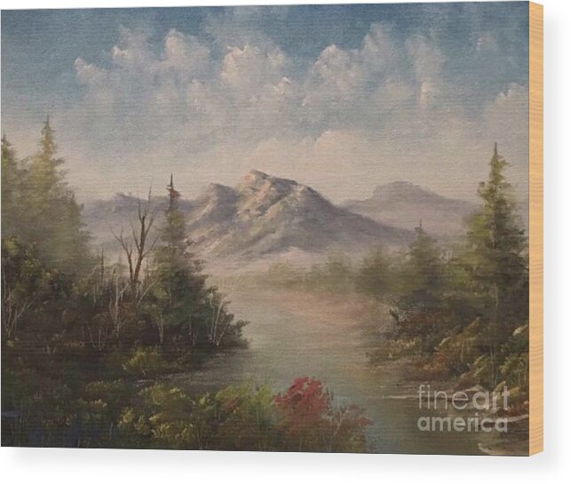 Mountain Landscape Trees Sky Clouds Oil Painting Trees Lake Stream Wood Print featuring the painting Behind the pines by Justin Wozniak