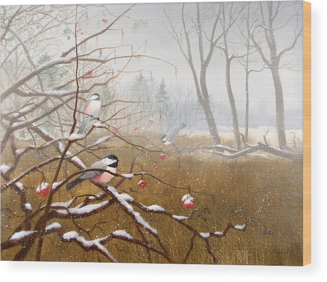 Chickadees Wood Print featuring the painting Berry Good Friends by Sean Seal