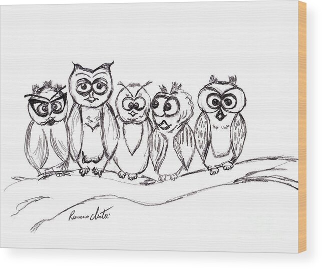 Owls Wood Print featuring the drawing Best Buddies by Ramona Matei