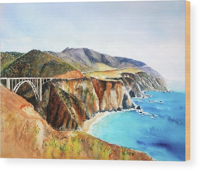Bixby Bridge Wood Print featuring the painting Bixby Bridge Big Sur Coast California by Carlin Blahnik CarlinArtWatercolor