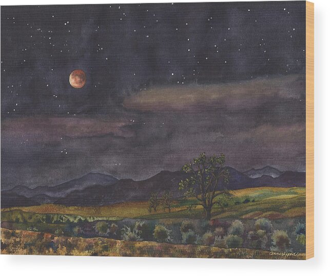 Blood Moon Painting Wood Print featuring the painting Blood Moon Over Boulder by Anne Gifford