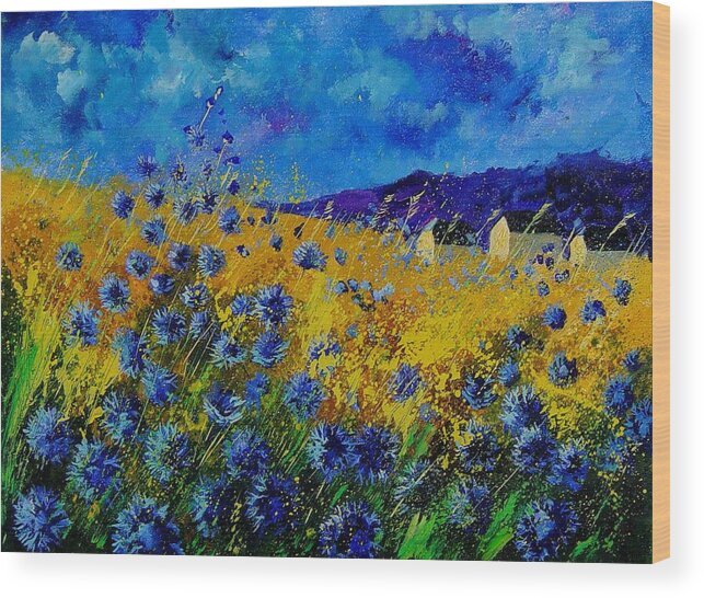 Poppies Wood Print featuring the painting Blue cornflowers by Pol Ledent
