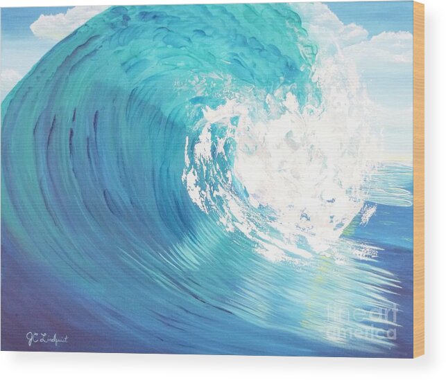 Ocean Wood Print featuring the painting Blue Curl by Jenn C Lindquist