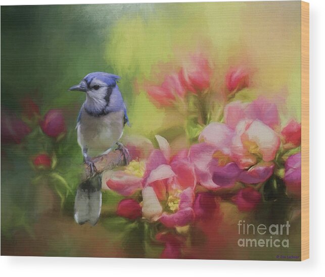 Blue Jay Wood Print featuring the mixed media Blue Jay on a Blooming Tree by Eva Lechner