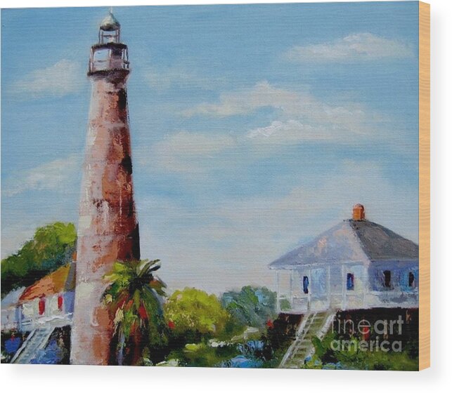 Landscape Wood Print featuring the painting Bolivar Lighthouse by Vicki Brevell