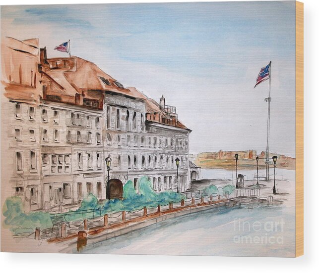 Boston Wood Print featuring the painting Boston Harbor Walkway 2 by Julie Lueders 