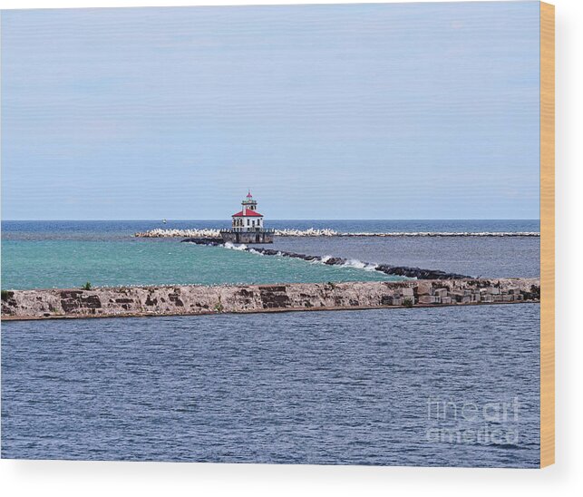 Breakwater Wood Print featuring the photograph Breakwater and lighthouse in Oswego New York by Louise Heusinkveld