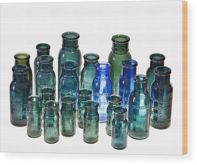 Bromo Seltzer Vintage Glass Bottles Wood Print featuring the photograph Bromo Seltzer Vintage Glass Bottles Collection by Marianna Mills