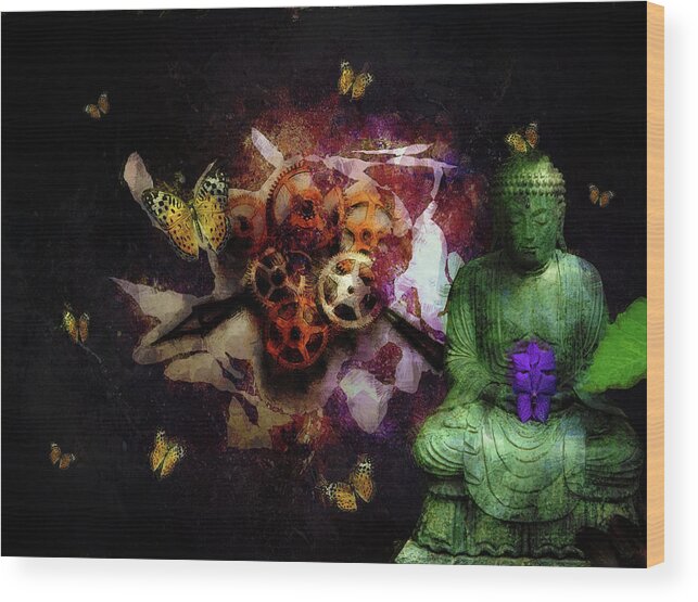 Buddha Wood Print featuring the photograph Buddha and butterflies by John Stuart Webbstock