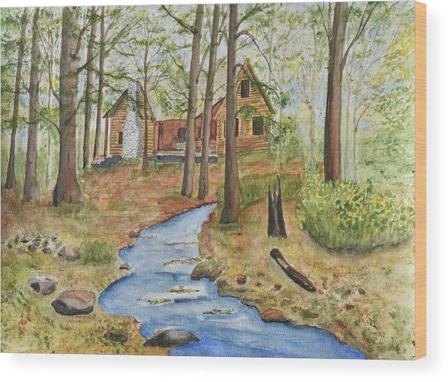 Linda Brody Wood Print featuring the painting Cabin in the Woods by Linda Brody