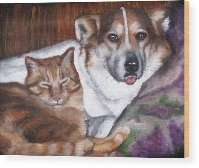 Dog And Cat Wood Print featuring the painting Cassie and Tigger by Carol Russell