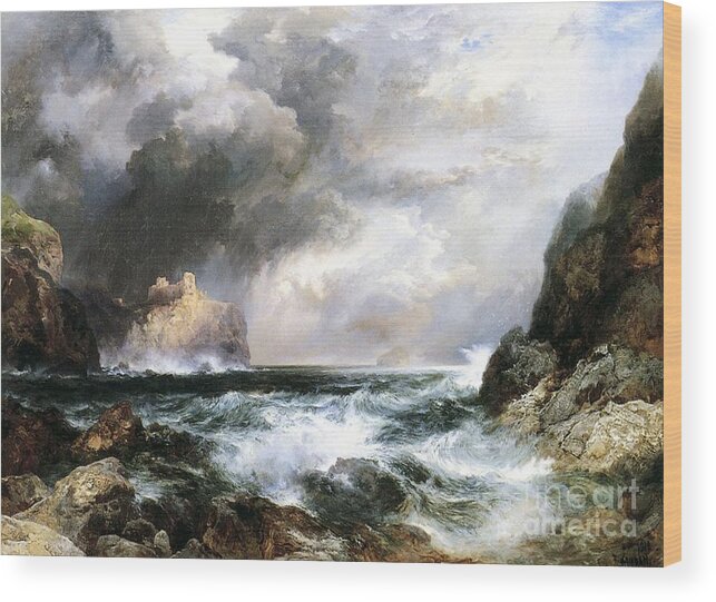 Waves Wood Print featuring the painting Castle in Scotland by Thomas Moran