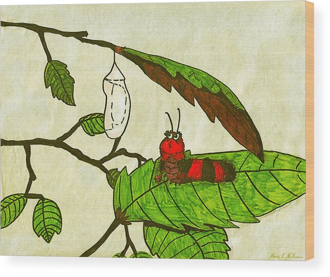 Caterpillar Wood Print featuring the drawing Caterpillar Whimsy by Wendy McKennon