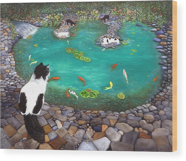 Karen Zuk Rosenblatt Wood Print featuring the painting Cats and Koi by Karen Zuk Rosenblatt