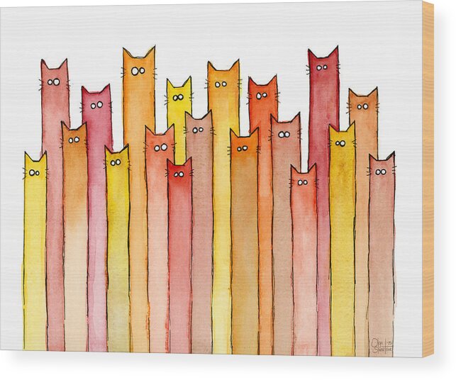 Watercolor Wood Print featuring the painting Cats Autumn Colors by Olga Shvartsur