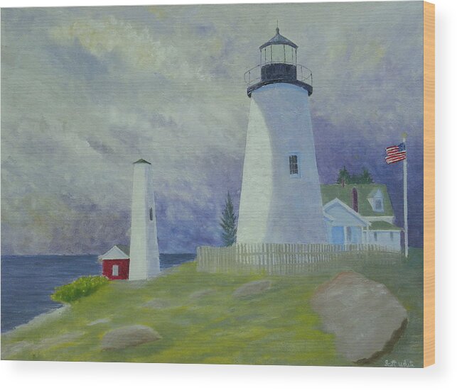 Seascape Landscape Lighthouse Storms Clouds Wood Print featuring the painting Changing Weather 2 by Scott W White