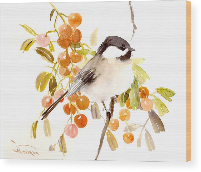 Vintage Style Bird Wood Print featuring the painting Chickadee by Suren Nersisyan