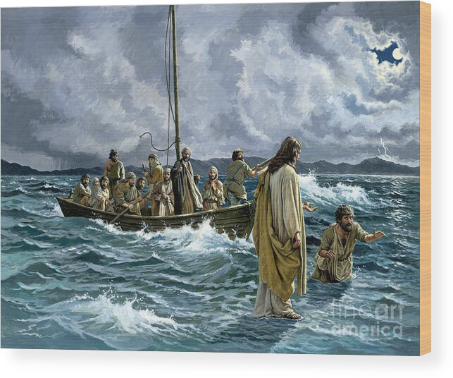 Christ Wood Print featuring the painting Christ walking on the Sea of Galilee by English School